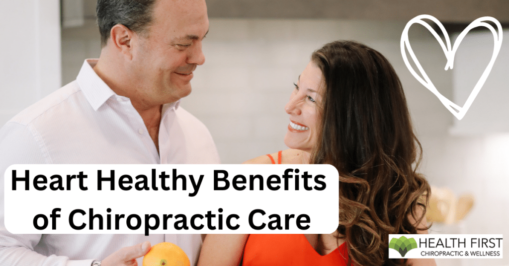 A close-up of two people discussing health, holding fruits, with text about the heart-healthy benefits of chiropractic care.