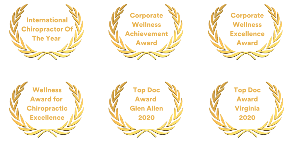 Six gold laurel wreath awards showcasing chiropractic achievements and recognition, including "International Chiropractor Of The Year."