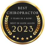 Brand Name - Create an Enticing Logo Display Website.A black and gold badge reads "Best Chiropractor, 5 Years in a Row! Best in Glen Allen 2023" with laurel designs and five stars.