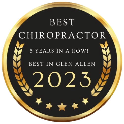 A black and gold badge reads "Best Chiropractor, 5 Years in a Row! Best in Glen Allen 2023" with laurel designs and five stars.