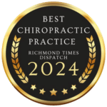 Brand Name - Create an Enticing Logo Display Website.Award badge for "Best Chiropractic Practice 2024" by Richmond Times Dispatch, featuring gold laurel leaves and stars.