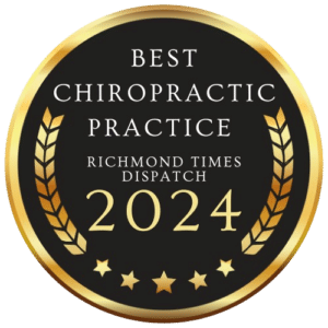 Award badge for "Best Chiropractic Practice 2024" by Richmond Times Dispatch, featuring gold laurel leaves and stars.
