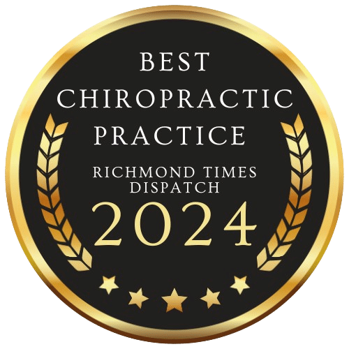 Award badge for "Best Chiropractic Practice 2024" by Richmond Times Dispatch, featuring gold laurel leaves and stars.