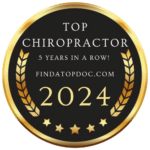Brand Name - Create an Enticing Logo Display Website.Award badge for "Top Chiropractor 2024," recognized for excellence for five consecutive years, from findatopdoc.com.