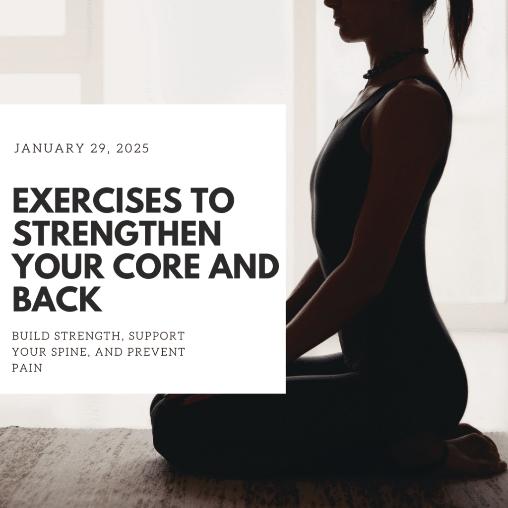 A woman seated in a yoga pose, focusing on core strength and back health, with workout text overlay and a soft.