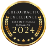 Brand Name - Create an Enticing Logo Display Website.Award badge for "Chiropractic Excellence," recognizing the best in Virginia for 2024, featuring laurel leaves and five stars.