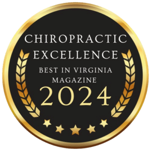 Award badge for "Chiropractic Excellence," recognizing the best in Virginia for 2024, featuring laurel leaves and five stars.