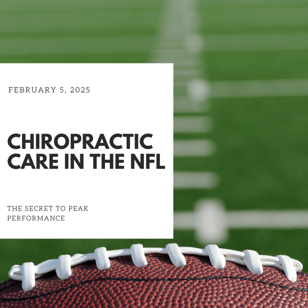 A football on a field with text promoting chiropractic care in the NFL, dated February 5, 2025, emphasizing peak performance.